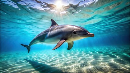Obraz premium Dolphin swimming in clear water isolated on background, dolphin, marine mammal, aquatic animal, isolated,swimming