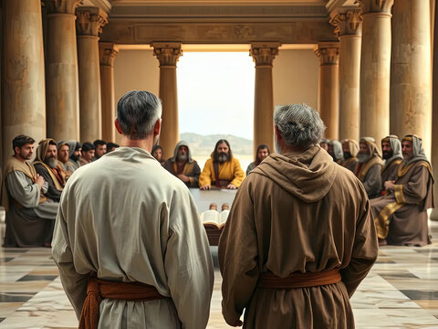 Gospel Images from the Bible NT - Peter and John stand trial before the Sanhedrin defending miracle of healing lame man