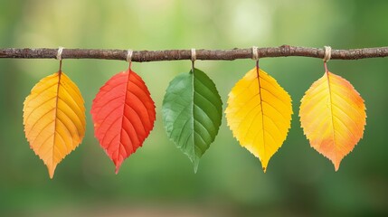 Obraz premium Colorful autumn leaves in different shades hanging on a twig with a blurred green background, symbolizing change and the beauty of nature.