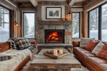 Cozy living room with a fireplace in a snowy setting.