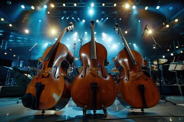 Fototapeta premium A collection of musical instruments, including double basses and guitars