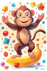 Obraz premium Happy Monkey Riding a Banana