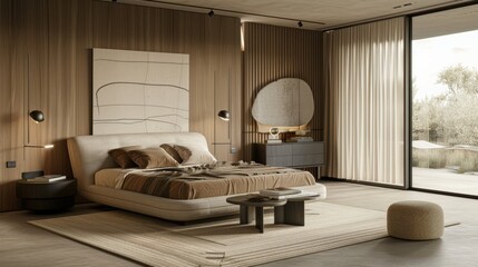 Contemporary bedroom featuring sleek furniture, neutral colors, and modern decor for a stylish and serene space.
