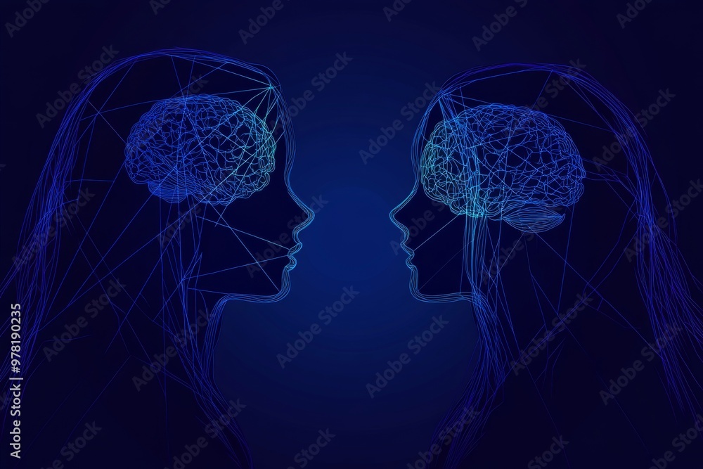 Poster line art of two faces with interconnected brainwave patterns symbolizing human empathy telepathic co