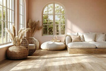 Cozy living room with natural decor and soft furnishings.