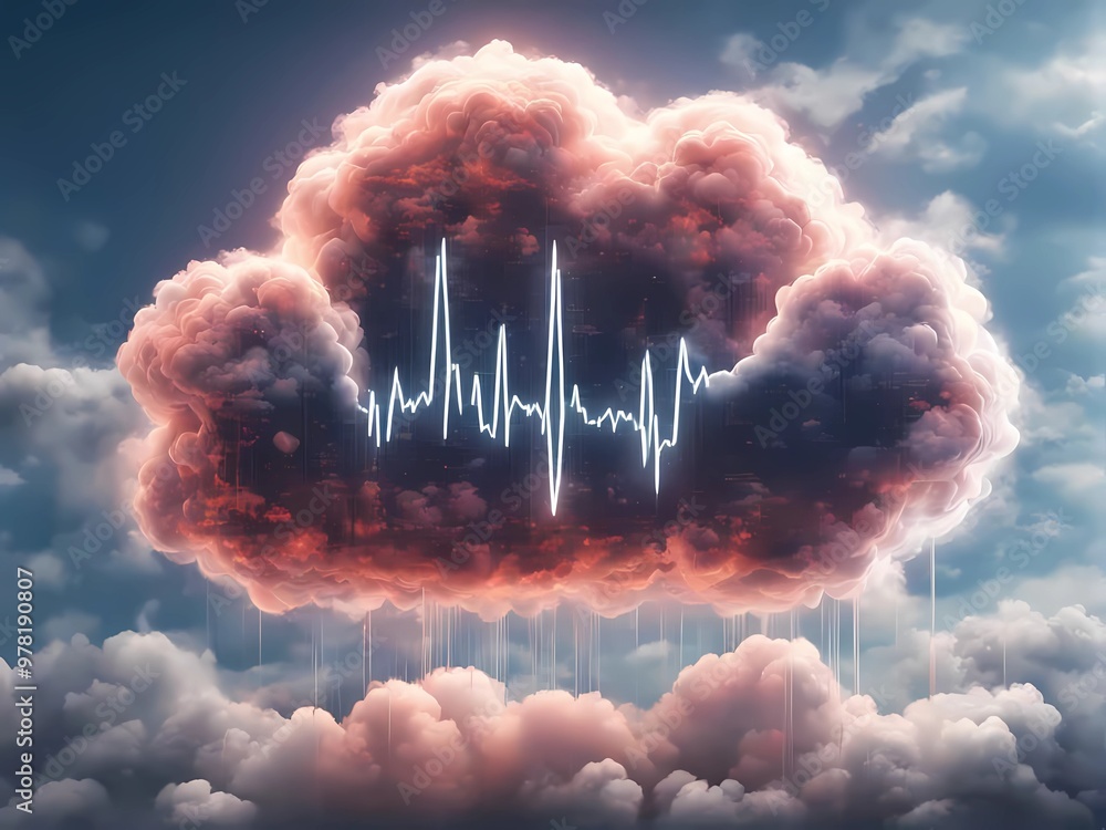Poster white cloud with heartbeat like lines digital background symbolizes health data security in ehr syst