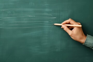 Naklejka premium Hand holding a pencil writes on an empty green chalkboard, symbolizing education, creativity, and learning in a school environment.
