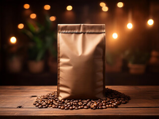 Coffee bag design mockup photo on a wooden table with a dark backdrop product photo rustic lighting bokeh coffee beans on the table