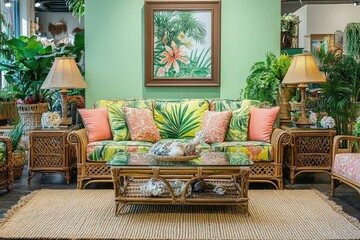 Tropical living room with vibrant decor and plants.