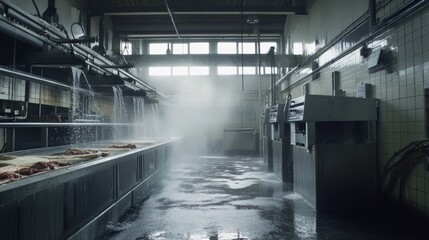 Butcher washing machinery with water in factory 