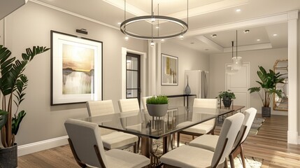 Elegant contemporary dining room with a glass table, stylish chairs, and a bold statement light fixture.