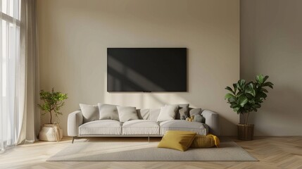 Empty living room mockup a TV wall mounted with sofa in living room with cream color wall- 3D rendering 