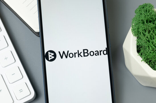 New York, USA - 30 August 2024: WorkBoard Logo on Phone Screen, Company Icon on Display