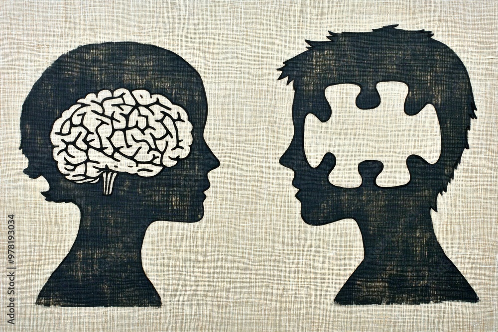 Aufkleber silhouetted profiles with brain and puzzle piece illustrations symbolizing cognitive development pro
