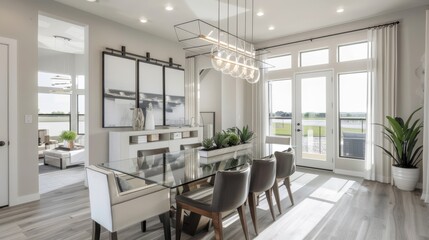 Fototapeta premium Contemporary dining room featuring a glass table, modern chairs, and a statement light fixture for a stylish look.