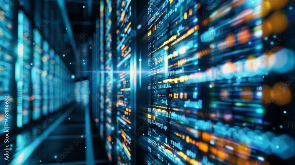 Poster data servers with illuminated information in a server room