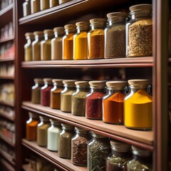 Traditional spice racks with depth of field featuring assorted spices and cultural heritage