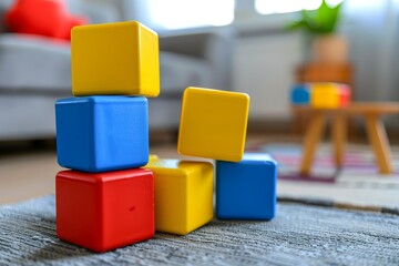 Fototapeta premium Colorful Wooden Blocks Stacked on Carpet, Toys for Kids Development and Entertainment