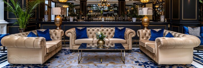Luxury hotel lounge interior with elegant modern furniture, brown velvet sofas and gold coffee table