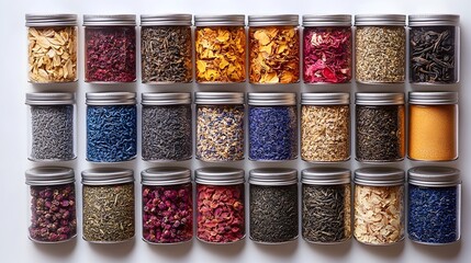 Assortment of Artisanal Tea Tins and Teabags Displayed on White Background