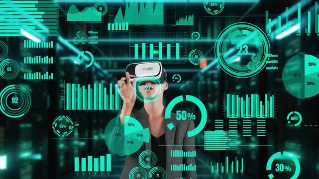 Businesswoman data searching dynamic market data scatter graph analysis monitor by VR future global innovation interface digital infographic network technology visual hologram animation. Contraption.
