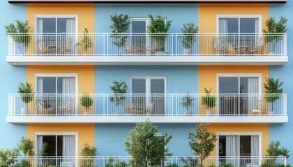 Fototapeta premium Three-Story Building with Balconies and Lush Greenery