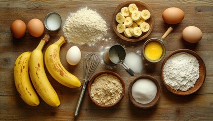 Top view of ingredients for banana bread arranged on a wooden surface including bananas sugar flour butter salt eggs baking powder measuring spoon and mixer paddles Food photography