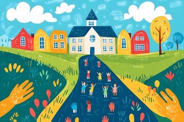 Fototapeta premium Bold, colorful graphic showing children walking on a pathway made of community members' hands, leading to a bright, welcoming school