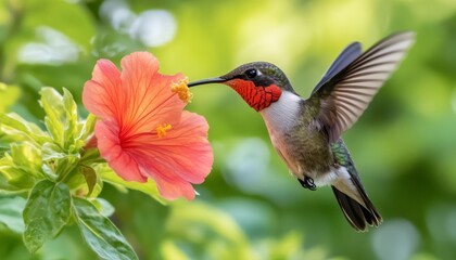 Fototapeta premium Hummingbird Feeding on a Hibiscus Flower.