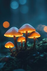 Fototapeta premium Close up of enchanting glowing mushrooms in a dark mysterious forest featuring beautiful macro details and magical light effects amidst fog Captivating atmosphere and selective focus
