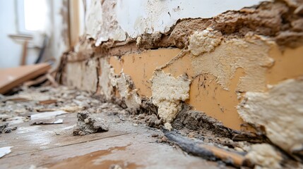 Close-up of water-damaged drywall and insulation exposed after a flood