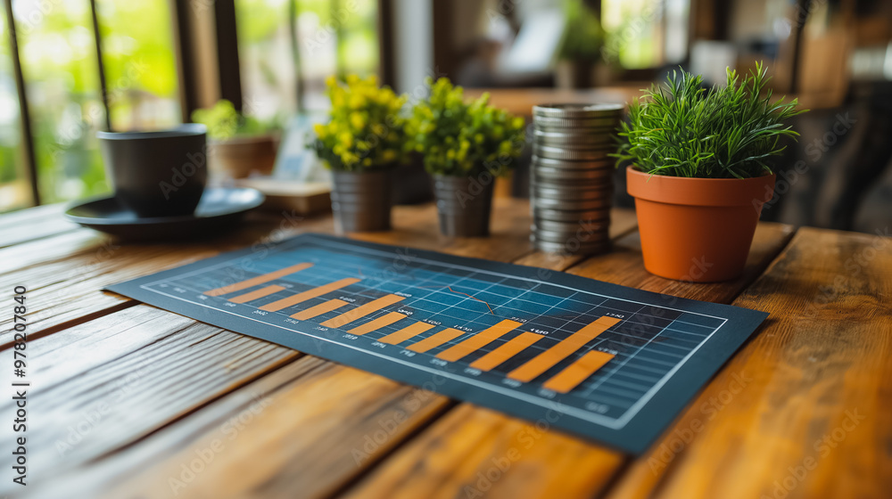 Poster a table with a blue graph and a few potted plants. the graph is showing a downward trend in numbers