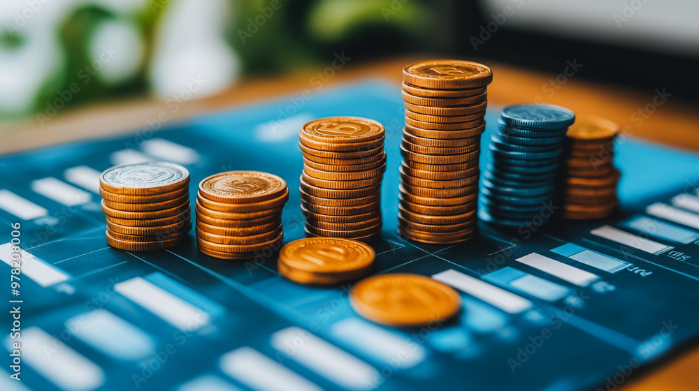 Aufkleber a stack of coins on a blue table. the coins are of different sizes and colors, with some being large