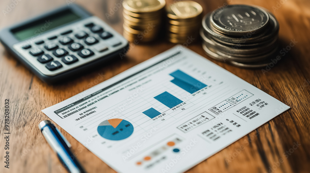 Poster a calculator, a stack of coins and a piece of paper with graphs on it. the paper has a pie chart on 