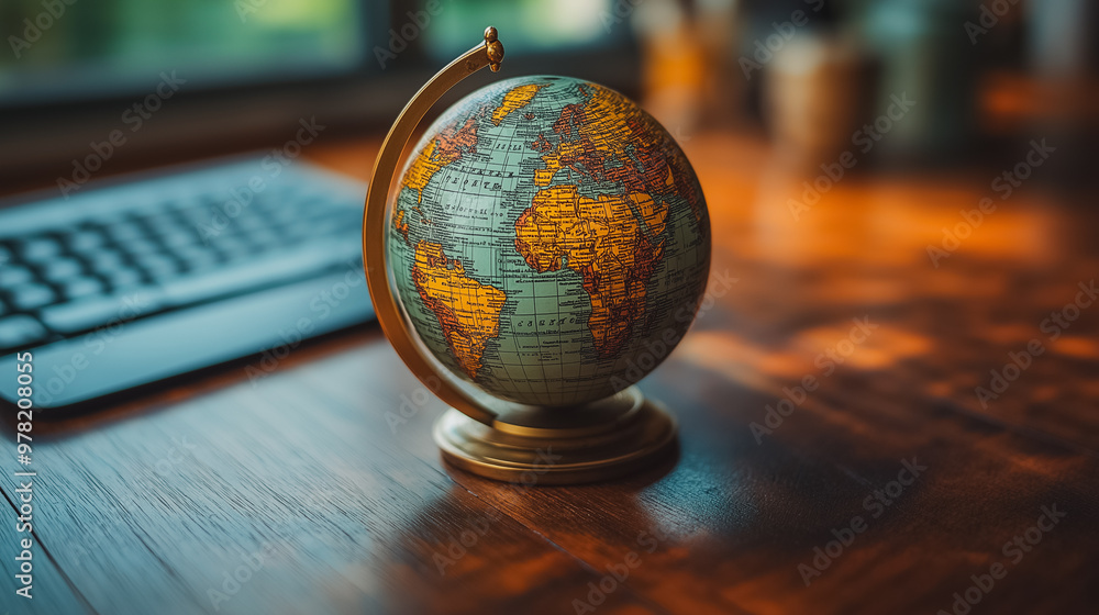 Poster a globe sits on a wooden table next to a laptop. the globe is a small, decorative item that adds a t