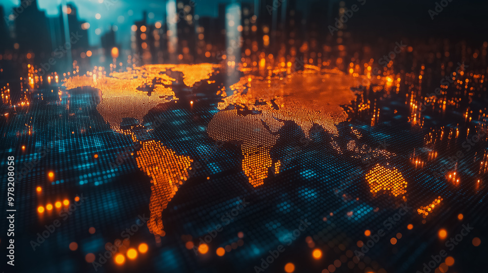Poster a computer generated image of a globe with a city in the background. the globe is orange and blue, a