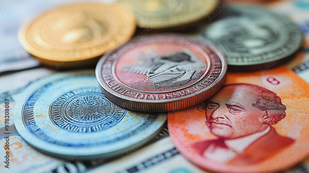 Poster a stack of coins and bills with a man's face on one of them. the coins are of different denomination