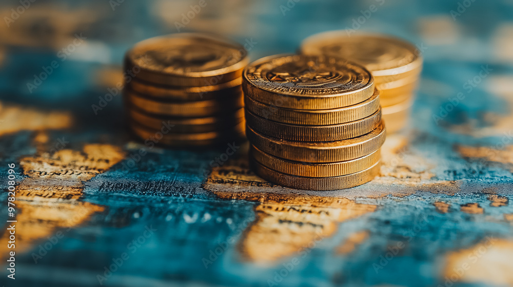 Poster A stack of gold coins is on top of a map. The coins are arranged in a pyramid shape, with the top coin being the largest. The coins are all the same size and color