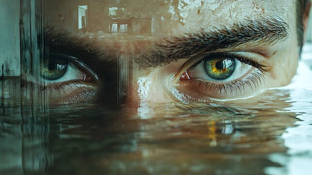 Eyes reflecting the devastation of a flooded home, water damage apparent, insurance claim urgency, double exposure, deep shadows, vivid water effects, realistic detail