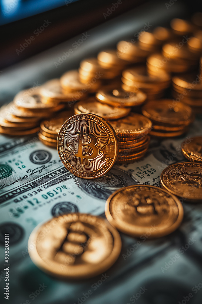 Aufkleber a stack of gold coins with a bitcoin symbol on top. the coins are arranged in a pyramid shape, with 
