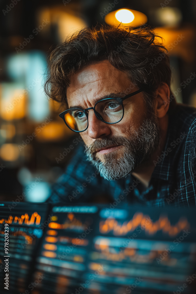 Poster a man with glasses is looking at a computer screen with a lot of numbers on it. he is focused and se