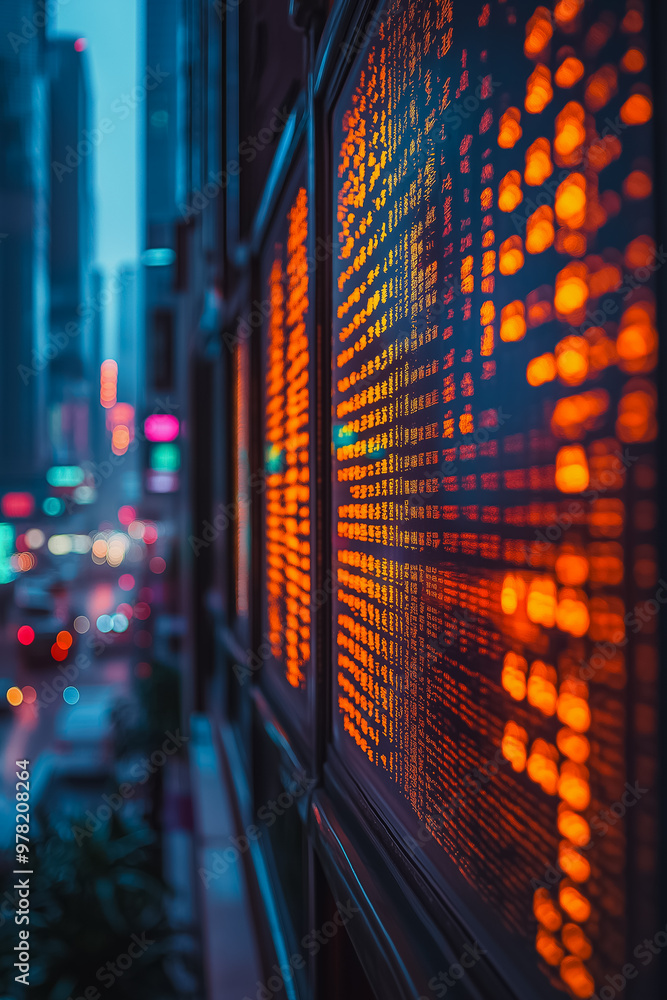 Aufkleber a close up of a city skyline with a large screen displaying a series of numbers. the numbers are ora