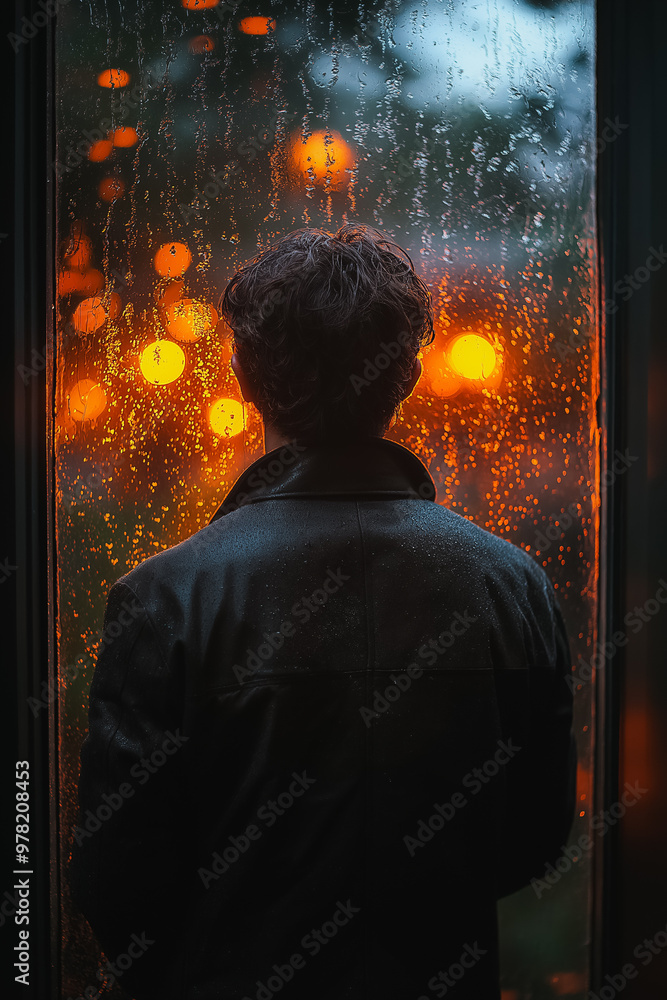 Poster a man is standing in front of a window, looking out at the rain. the raindrops on the window create 