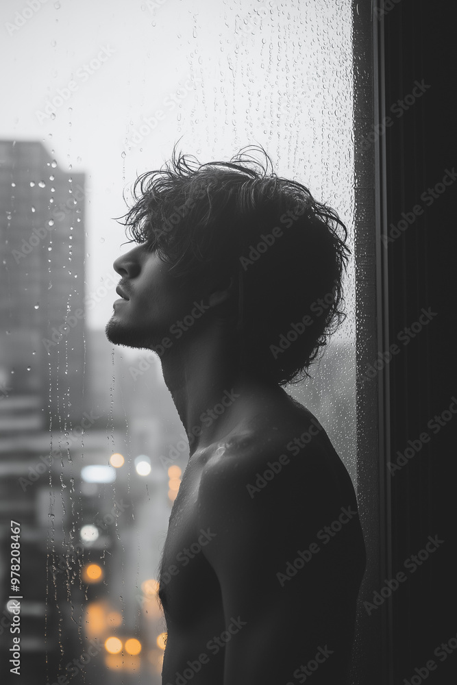 Aufkleber a man is standing in front of a window with rain on it. he is wearing a shirtless and has a beard. s