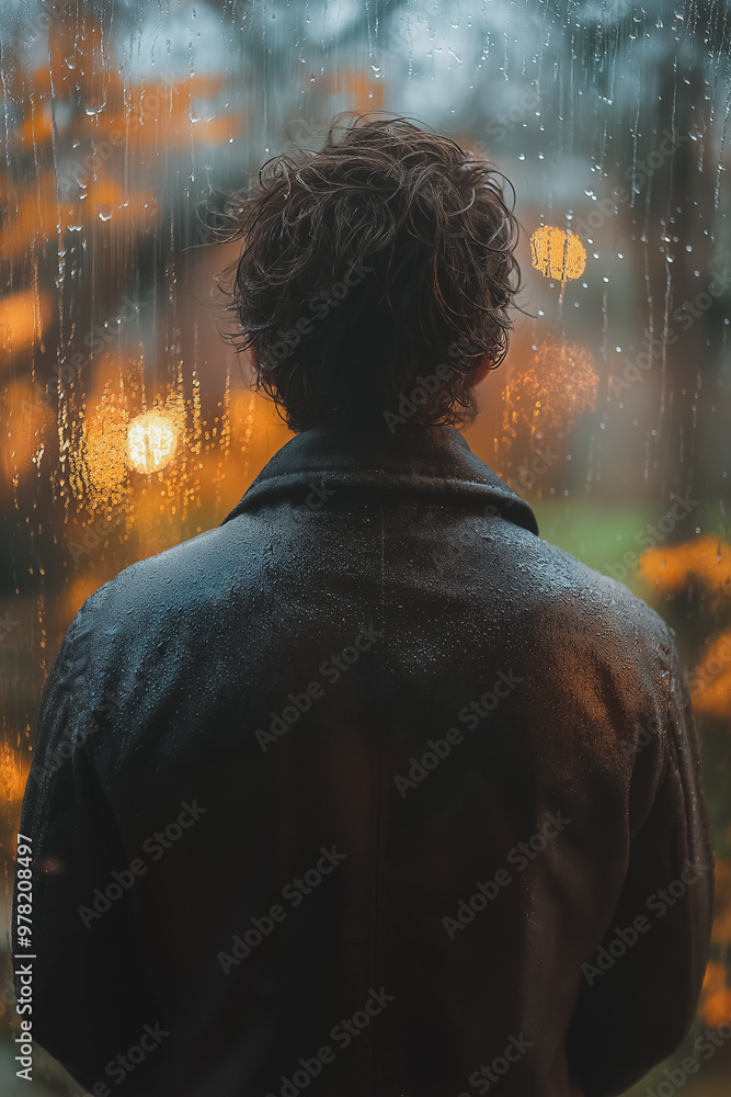 Poster a man is standing in front of a window with raindrops on it. he is wearing a black jacket and has hi