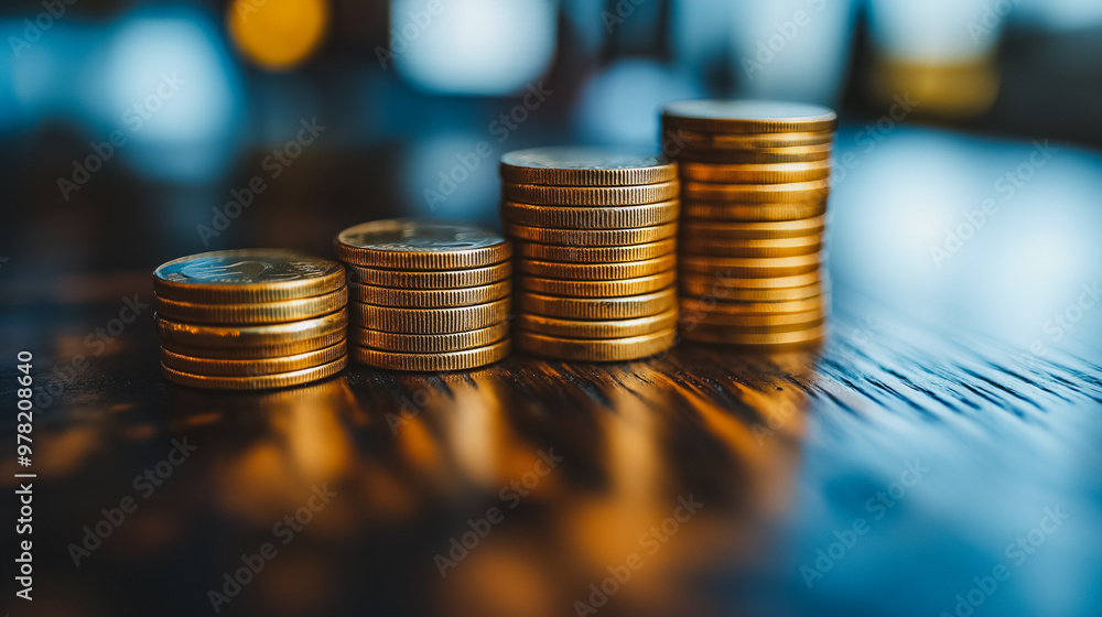 Poster a stack of gold coins on a wooden table. the coins are piled on top of each other, creating a sense 
