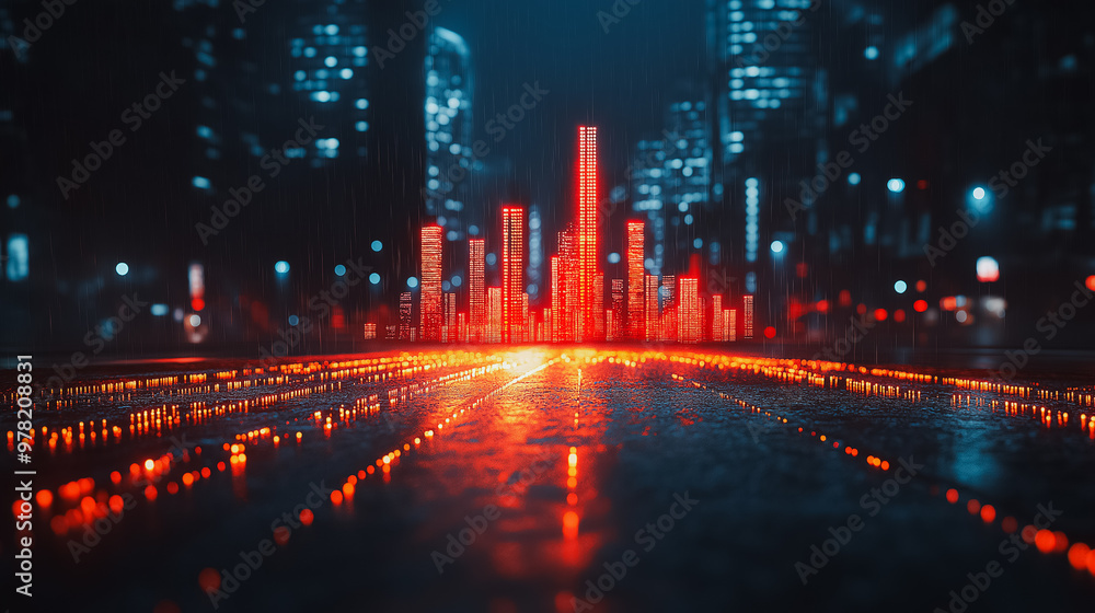 Poster a cityscape with a red line running through it. the city is lit up with bright lights, creating a se
