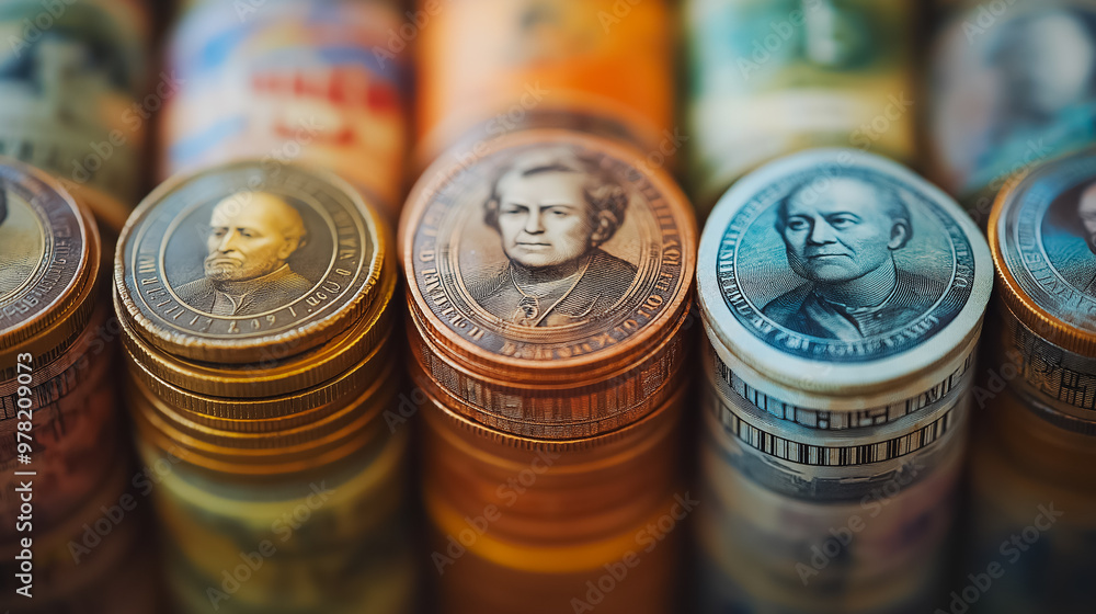 Poster a stack of coins with a man on them. the coins are of different denominations and colors. concept of