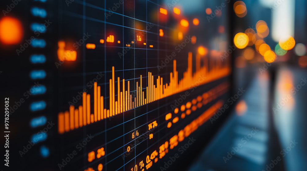 Poster a computer screen shows a graph of stock prices. the graph is orange and has many lines. scene is se