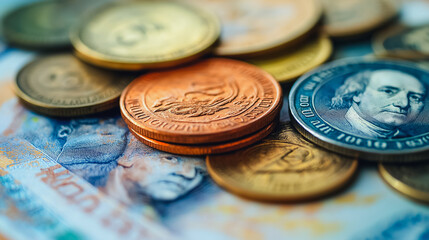 A pile of coins and a bill with a picture of a man on it. The coins are of different sizes and colors, and the bill is a green one